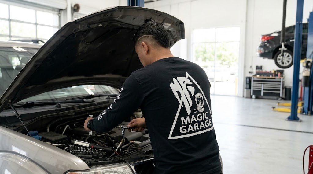 Vehículo en mantenimiento dentro de Magic Garage